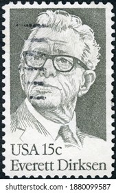 MOSCOW, RUSSIA - JUNE 26, 2020: A Stamp Printed In USA Shows Everett McKinley Dirksen (1896-1969), Senate Minority Leader, 1981