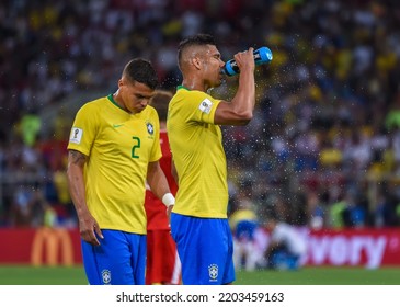 Moscow, Russia - June 27, 2018. Brazil National Team Midfielder Casemiro Drinking Water During FIFA World Cup 2018 Match Serbia Vs Brazil (0-2)