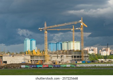 MOSCOW, RUSSIA - June 29, 2012: Tushino Airfield, Views Of The Cranes On The Construction Of The Stadium 