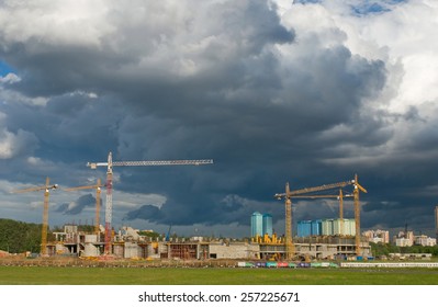 MOSCOW, RUSSIA - June 29, 2012: Tushino Airfield, Cranes On The Construction Of The Stadium 