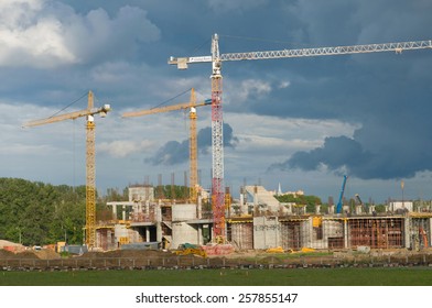 MOSCOW, RUSSIA - June 29, 2012: Moscow, Tushino Airfield, Cranes On The Construction Of The Stadium 