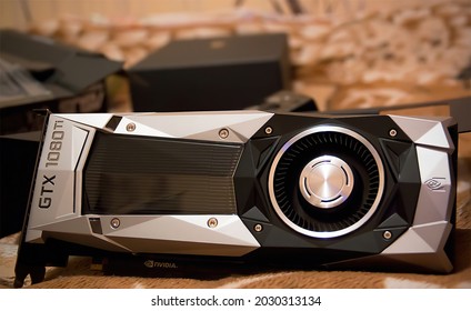 Moscow, Russia - June 9, 2017: Very beautiful Nvidia Geforce GTX 1080 Ti Founders Edition flagship gaming video card
