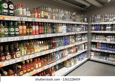 MOSCOW, RUSSIA - MAR 2019 : Assortment Of Vodka And Hard Liquor Bottles In A Local Supermarket, Suburb Of Moscow