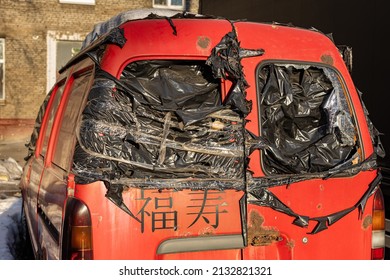  Moscow, Russia - March 02, 2022: Broken Rear Window Of The Van Covered With Tape. 