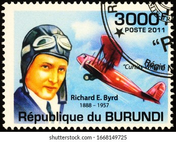 Moscow, Russia - March 09, 2020: stamp printed in Burundi shows Richard Byrd (1888-1957), American naval officer, aviator, polar explorer, series "Personalities - Famous Aviators", circa 2011