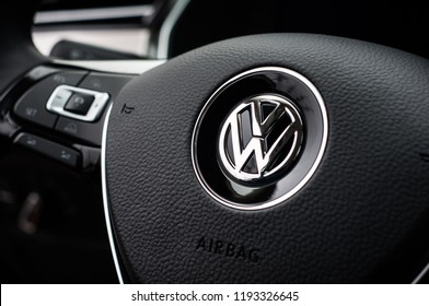 MOSCOW, RUSSIA - MARCH 11, 2018 VOLKSWAGEN PASSAT Wagon interior view. Family wagon car. Volkswagen close up logo on steering wheel. Volkswagen car logo bage. VW plate logo.