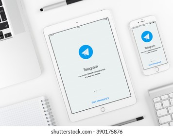 Moscow, Russia - March 12, 2016: Telegram Application On IPad And IPhone Display. Telegram Is A Cloud-based Instant Messaging Service