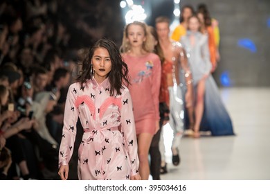 MOSCOW, RUSSIA - MARCH 12, 2016: Model Walk Runway For SORRY, IM NOT Show At Fall 2016 Mercedes Benz Fashion Week - Russia.
