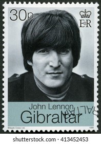 MOSCOW, RUSSIA - MARCH 12, 2016: A Stamp Printed In Gibraltar Shows John Winston Ono Lennon (1940-1980), Singer And Songwriter,1999