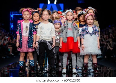 MOSCOW, RUSSIA - MARCH 12, 2017: Model walk runway for DETSKY MIR catwalk at Fall-Winter 2017-2018 at Mercedes-Benz Fashion Week Russia. Kid's fashion.