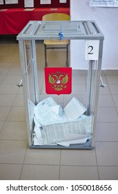 MOSCOW, RUSSIA - MARCH 18 2018: Ballot Box With Bulletins On The Russian Presidential Election 2018