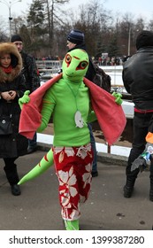 MOSCOW, RUSSIA - MARCH 19, 2016: Traditional Parade In St. Patrick's Day (Irish National Holiday) In Sokolniki Park, Moscow City. Ireland In Moscow. Creative Looks Of People. Furry Fandom. Cosplay