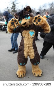 MOSCOW, RUSSIA - MARCH 19, 2016: Traditional Parade In St. Patrick's Day (Irish National Holiday) In Sokolniki Park, Moscow City. Ireland In Moscow. Creative Looks Of People. Furry Fandom. Cosplay