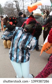 MOSCOW, RUSSIA - MARCH 19, 2016: Traditional Parade In St. Patrick's Day (Irish National Holiday) In Sokolniki Park, Moscow City. Ireland In Moscow. Creative Looks Of People. Furry Fandom. Cosplay