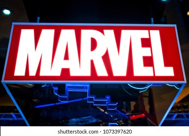 Moscow, Russia - March, 2018: Marvel logo in Hamleys store. Marvel Comics Group is a publisher of American comic books and related media