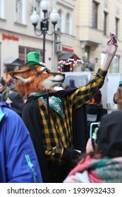 MOSCOW, RUSSIA - MARCH 21, 2021: Traditional Parade In St. Patrick's Day (Irish National Holiday) In Sokolniki Park, Moscow City. Ireland In Moscow. Creative Looks Of People. Furry Fandom. Cosplay