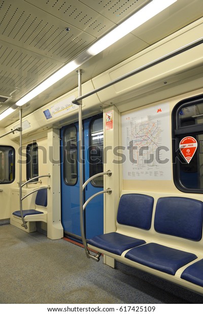 MOSCOW, RUSSIA - MARCH 24, 2017: Empty car of\
subway. Interior.