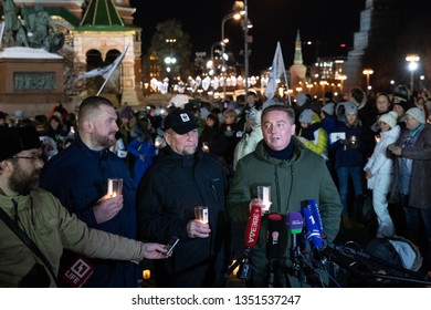 Moscow, Russia - March 24, 2018: Global action "Earth Day." Flashmob with candles in the historic center of the city. 