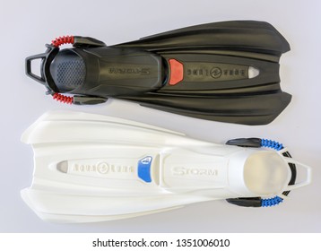 MOSCOW, RUSSIA - MARCH 27, 2019: Flippers For Diving Strom, Company Aqua Lung, White And Black, With An Open Heel, On A Light Background, Editorial.