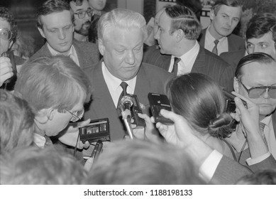 Moscow, Russia - March 28, 1991: Chairman Of The Presidium Of The Supreme Soviet Of The Russian SFSR Boris Nikolayevich Yeltsin Talks To Correspondents At 3d Extraordinary Congress Of PDs.