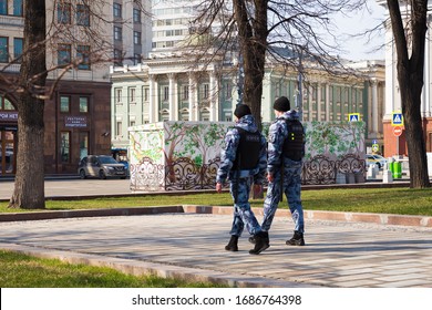 Moscow, Russia - March 28, 2020: Security Agencies Task Force Patrol The Area Near The Bolshoi Theater During The Quarantine Of The Coronavirus Pandemic.