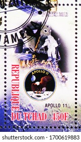 MOSCOW, RUSSIA - MARCH 28, 2020: Postage Stamp Printed In Chad Shows Apollo 11, Space Serie, Circa 2013