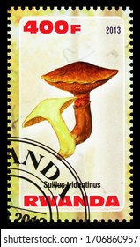 MOSCOW, RUSSIA - MARCH 28, 2020: Postage Stamp Printed In Rwanda Shows Suillus Tridentinus, Mushrooms Serie, Circa 2013