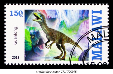 MOSCOW, RUSSIA - MARCH 28, 2020: Postage Stamp Printed In Malawi Shows Guanlong, Dinosaurs Serie, Circa 2013