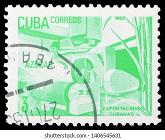 MOSCOW, RUSSIA - MARCH 30, 2019: A Stamp Printed In Cuba Shows Sugar Processing Plant, Exports Serie, Circa 1982