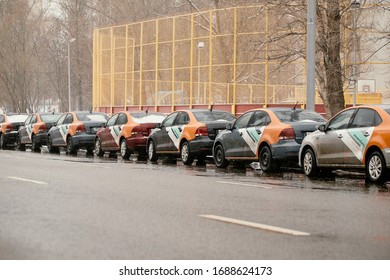 Moscow, Russia - March 31, 2020: An Empty Street In Levoberezhniy District With A Lot Of Unused Car Sharing On It With The Covid Pandemic Happening. View From Road.