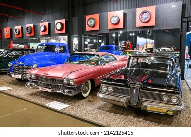 Moscow, Russia - March 6, 2022: American Classic Cars Edsel Corsair And Cadillac Coupe De Ville In The Car History Museum.