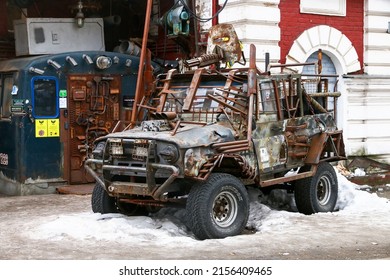 Moscow, Russia - March 6, 2022: Mad Max Stylized Offroad Vehicle UAZ 3151 In A City Street.