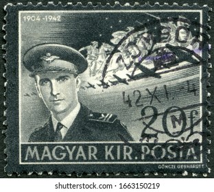 MOSCOW, RUSSIA - MAY 01, 2018: A Stamp Printed In Hungary Shows Stephen Horthy (1904-1942), Death Of Son Of Regent Nicholas Horthy, Plane Crash, 1942