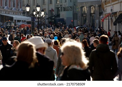 Moscow, Russia, May 01, 2021: A Crowd Of People Outside In Natural Sunlight