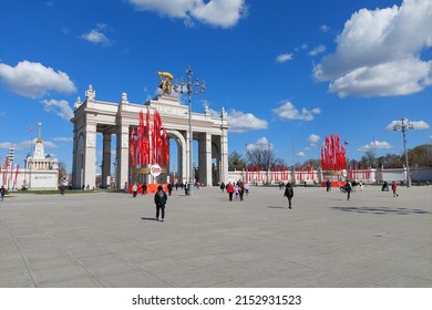 Moscow, Russia - MAY 03, 2022: Exhibition of Achievements of National Economy. main entrance on VDNH in Moscow