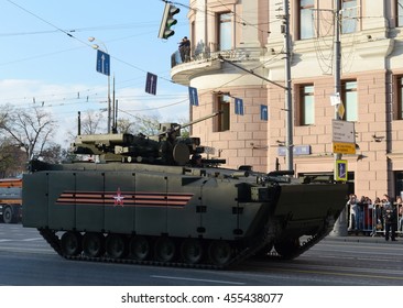MOSCOW, RUSSIA - MAY 05, 2016:Infantry fighting vehicle "Object 695" on a tracked platform "Kurganets-25" at the rehearsal of parade in honor of the 71st anniversary of the Victory. - Shutterstock ID 455438077