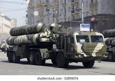 MOSCOW, RUSSIA - MAY 09: anti-aircraft missiles C-400 on Tverskaya street during Victory parade. May 09, 2010 in Moscow, Russia.