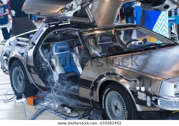 Moscow, Russia - May 1, 2017: Photo\
of A replicathe of the Back to the Future DeLorean,one of the most\
famous attraction at Moscow comic con , Moscow,\
Russia