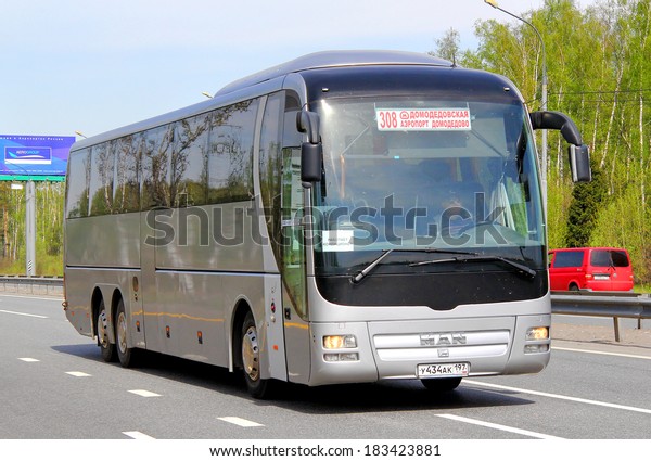 MOSCOW, RUSSIA - MAY 10, 2013:\
Grey MAN R08 Lion\'s Top Coach interurban coach at the city\
street.