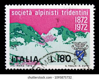 MOSCOW, RUSSIA - MAY 10, 2018: A stamp printed in Italy shows Crozzon of Brenta, Tridentine Alpinists Society serie, circa 1972