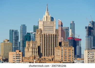 Moscow, Russia - May 10, 2021:View of the building of the Ministry of Foreign Affairs of the Russian Federation and the Moscow City business center on a sunny day. Famous tourist places