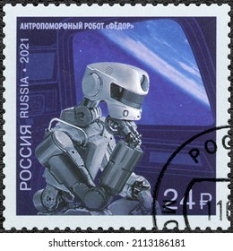 MOSCOW, RUSSIA - MAY 11, 2021: A stamp printed in Russia shows android robotics complex Fedor, anthropomorphic rescue robot, Technical achievements of Russia, 2021 