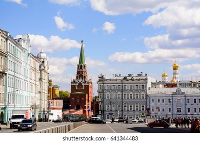 MOSCOW, RUSSIA - MAY 13, 2017: View of the Trinity Tower of the Moscow Kremlin from Vozdvizhenka Street