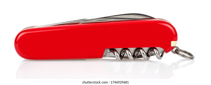 Moscow, Russia - May 15, 2020: Classical red swiss pocket foldable knife isolated on white background with reflection on glossy surface
