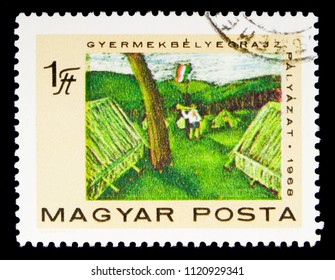 MOSCOW, RUSSIA - MAY 16, 2018: A Stamp Printed In Hungary Shows Children Camping, Hungarian Communist Party Serie, Circa 1968