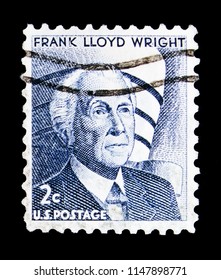 MOSCOW, RUSSIA - MAY 17, 2018: A Stamp Printed In USA Shows Frank Lloyd Wright (1869-1959), Architect, Famous Americans Serie, Circa 1966