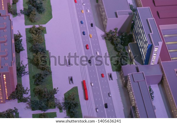 Moscow / Russia - May 19, 2019: The architectural\
Moscow Grand maket, layout of buldings, railways and highway.\
Bird\'s eye view.