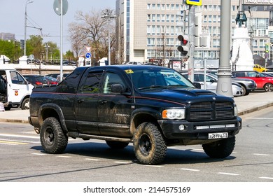 Moscow, Russia - May 2, 2018: Black pickup truck Dodge Ram 1500 in a city street.