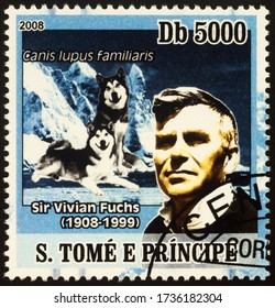 Moscow, Russia - May 20, 2020: stamp printed in Sao Tome and Principe shows portrait of Sir Vivian Ernest Fuchs (1908-1999), English explorer, first overland crossing of Antarctica, circa 2008