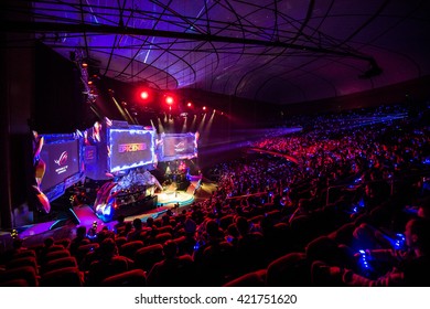 MOSCOW, RUSSIA - MAY 2016: Dota 2 Esports Event. Crocus City Hall Arena. Event Logo On The Screen